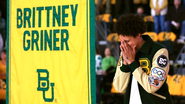 Former Baylor Bears player Brittney Griner reacts as her jersey is retired