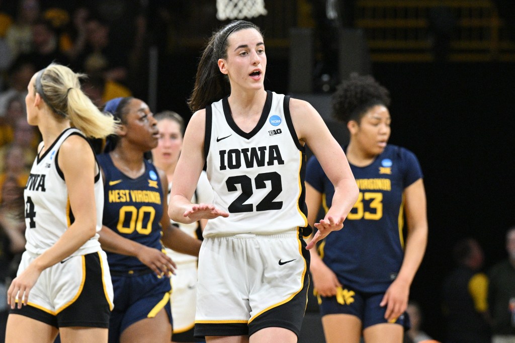 Iowa Hawkeyes guard Caitlin Clark (22) reacting during a game against the West Virginia Mountaineers in the NCAA tournament second round