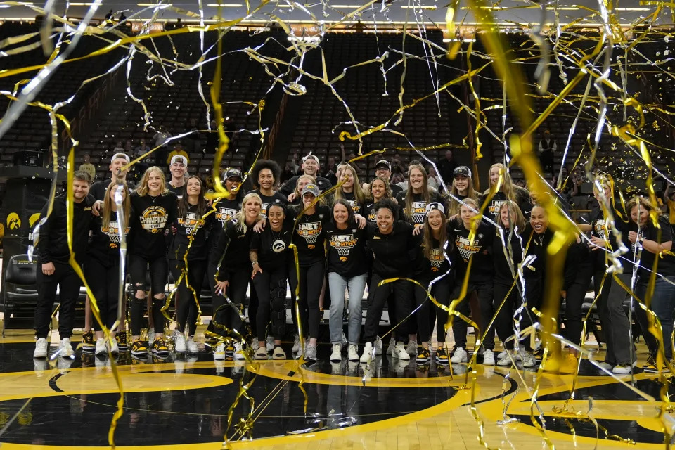 Iowa players pose for a photo during an Iowa women's college basketball team celebration Wednesday, April 10, 2024, in Iowa City, Iowa. Iowa lost to South Carolina in the women's NCAA Tournament final Sunday. (AP Photo/Charlie Neibergall)