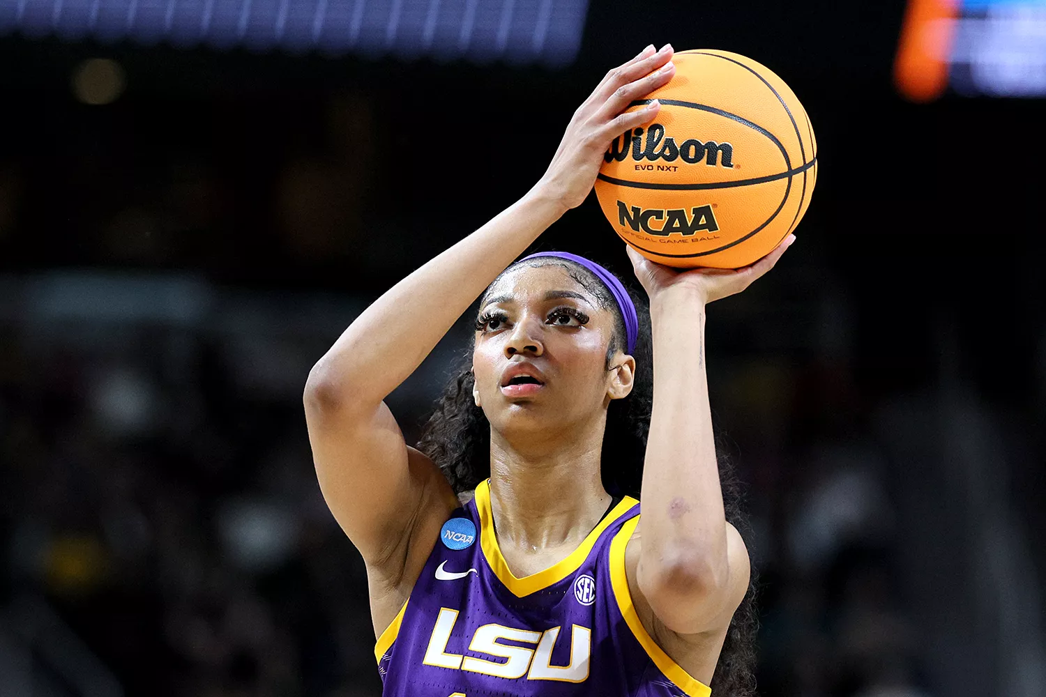 Angel Reese #10 of the LSU Tigers shoots the ball during the first half against the Iowa Hawkeyes in the Elite 8 round of the NCAA Women's Basketball Tournament at MVP Arena on April 01, 2024 in Albany, New York.