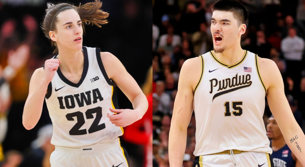 Photo of Caitlin Clark in Iowa gear and photo of Zach Edey in Purdue gear